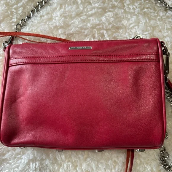 Rebecca Minkoff Red Leather Mini Mac Crossbody Bag Silver Chain Strap Designer - Picture 5 of 16